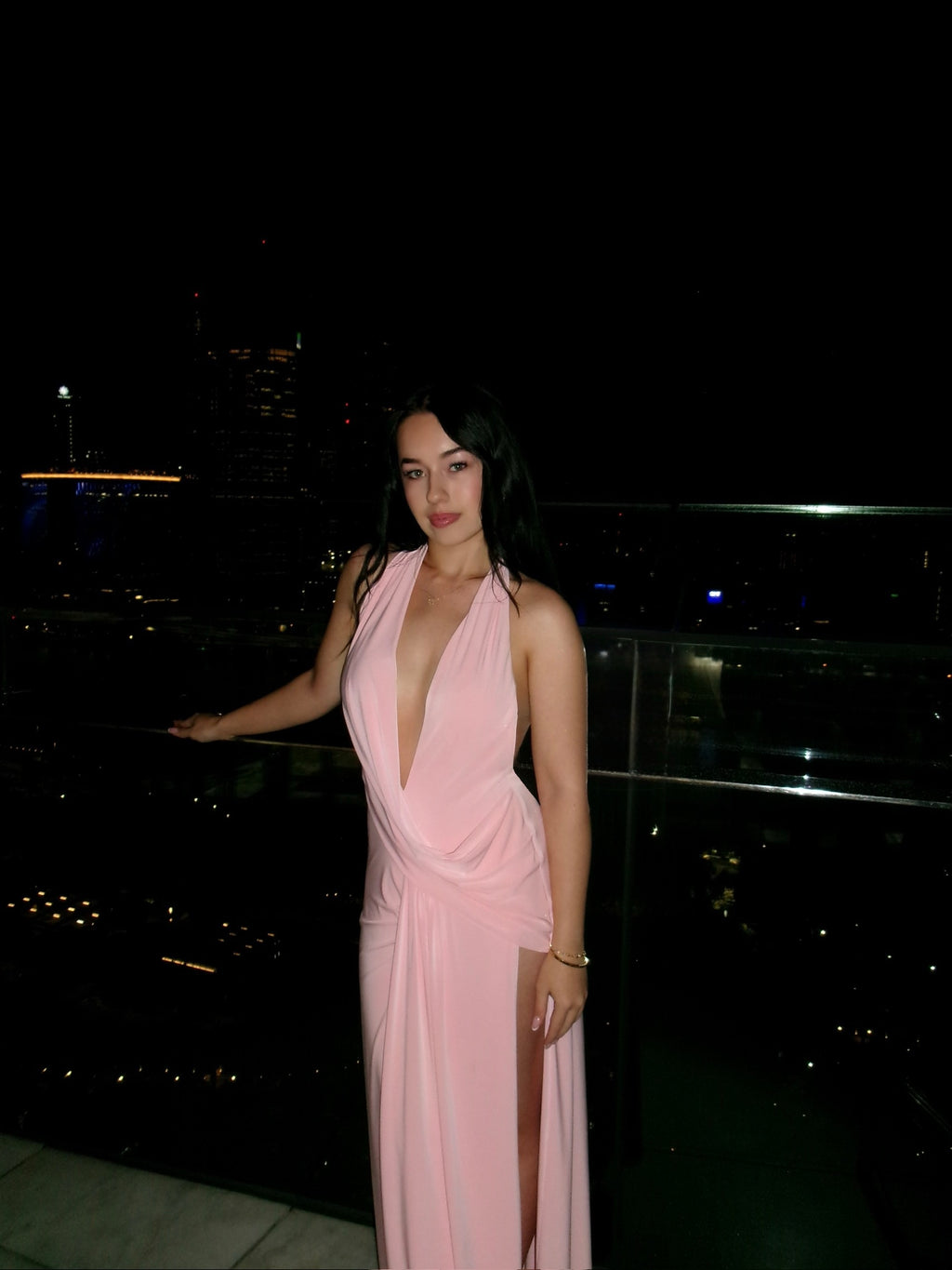 Maxi Dress halter neckline, deep plunge with asymmetric cowl neck draping, high side slit, complete deep open back, with effortless and dreamy draping through the skirt, in a baby ballerina pink.