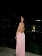 Maxi Dress halter neckline, deep plunge with asymmetric cowl neck draping, high side slit, complete deep open back, with effortless and dreamy draping through the skirt, in a baby ballerina pink.